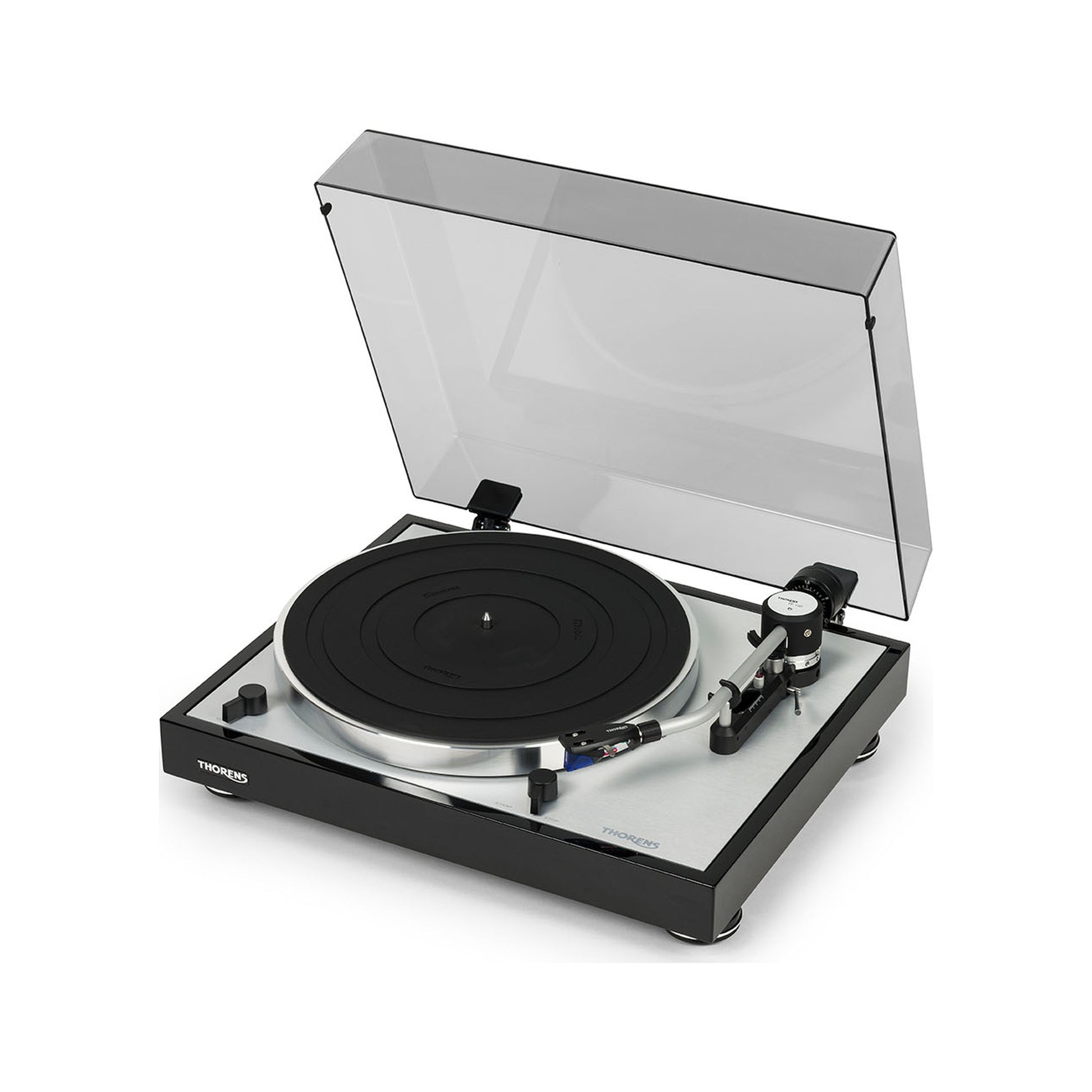 Thorens TD 403 DD Plattenspieler Schwarz Hochglanz Frontansicht 4 mit geöffneter Staubschutzhaube