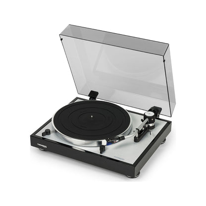 Thorens TD 403 DD Plattenspieler Schwarz Hochglanz Frontansicht 4 mit geöffneter Staubschutzhaube