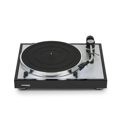 Thorens TD 403 DD Plattenspieler Schwarz Hochglanz Frontansicht mit Plattenteller und Tonarm TP 150