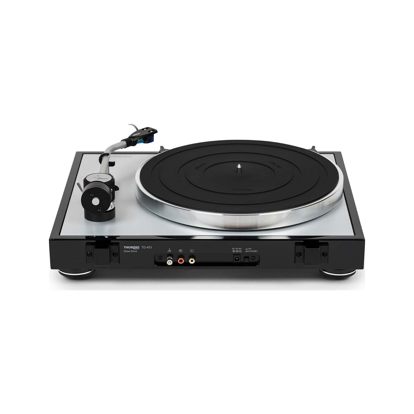 Thorens TD 403 DD Plattenspieler Schwarz Hochglanz Rückansicht mit Anschlussfeld und Cinch-Ausgang