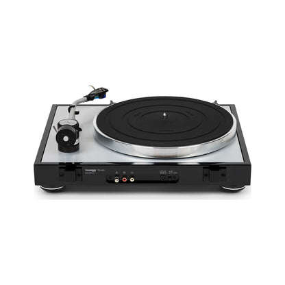 Thorens TD 403 DD Plattenspieler Schwarz Hochglanz Rückansicht mit Anschlussfeld und Cinch-Ausgang
