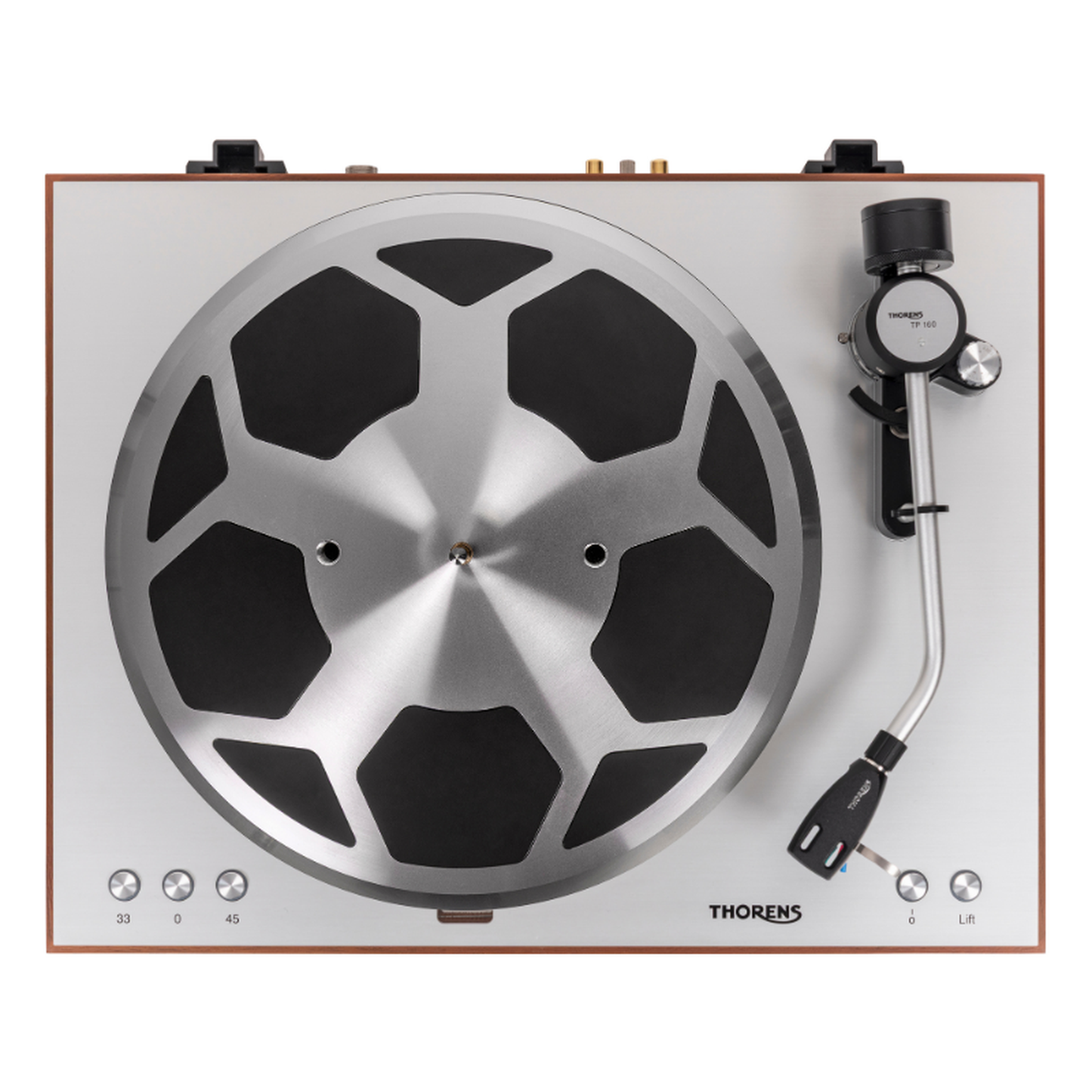 Thorens TD 404 DD Plattenspieler Eiche Matt Draufsicht mit Plattenteller und Tonarm TP 160