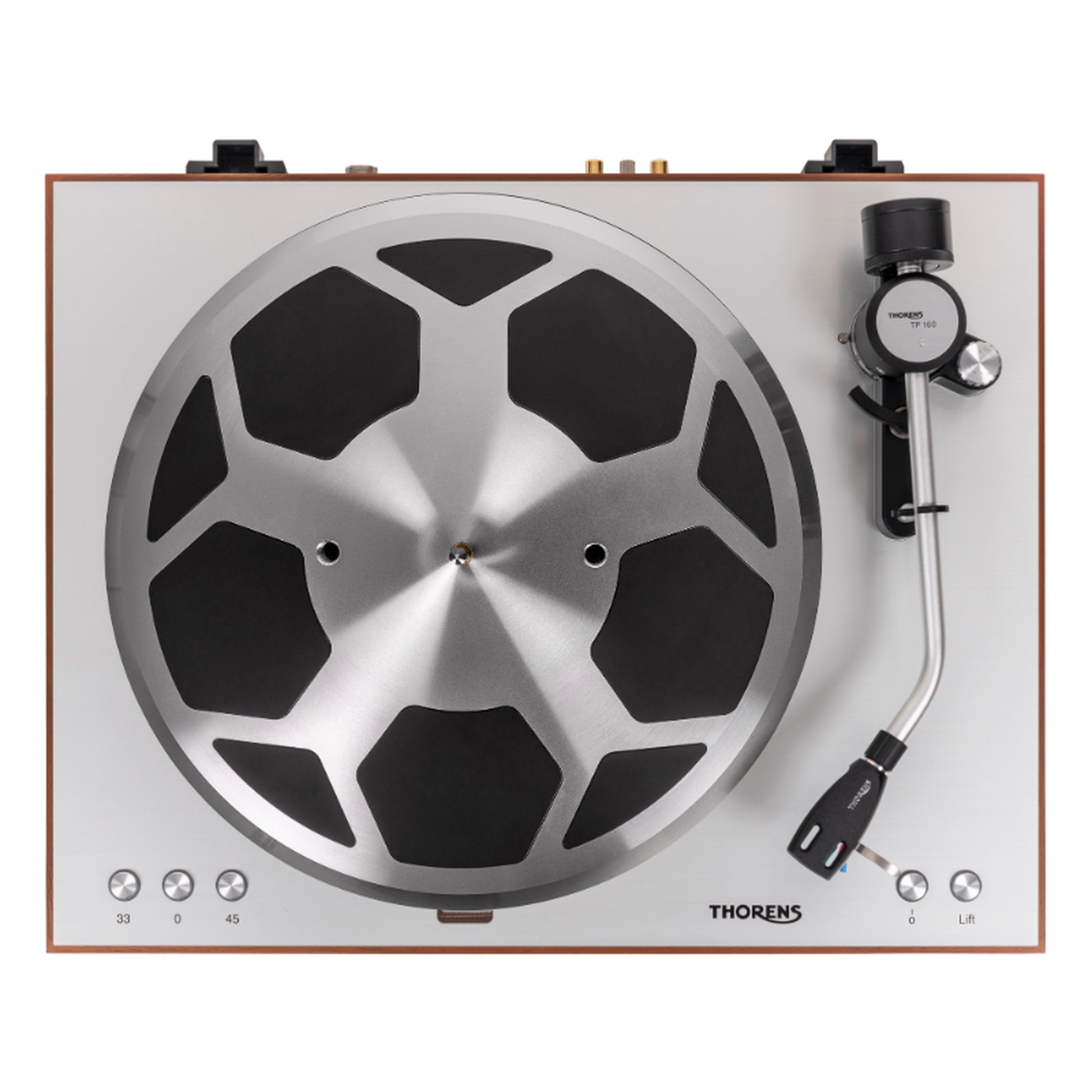 Thorens TD 404 DD Plattenspieler Eiche Matt Draufsicht mit Plattenteller und Tonarm TP 160
