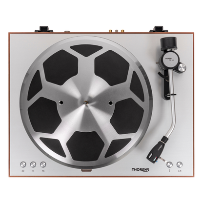 Thorens TD 404 DD Plattenspieler Eiche Matt Draufsicht mit Plattenteller und Tonarm TP 160