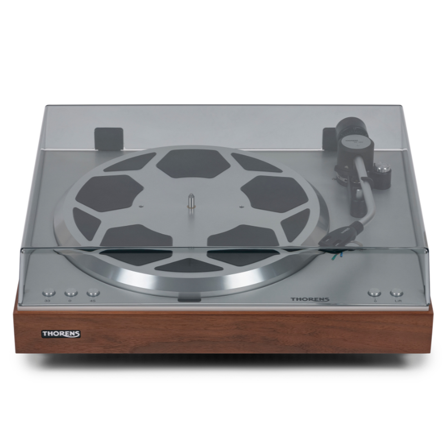 Thorens TD 404 DD Plattenspieler Eiche Matt Frontansicht mit geschlossener Staubschutzhaube