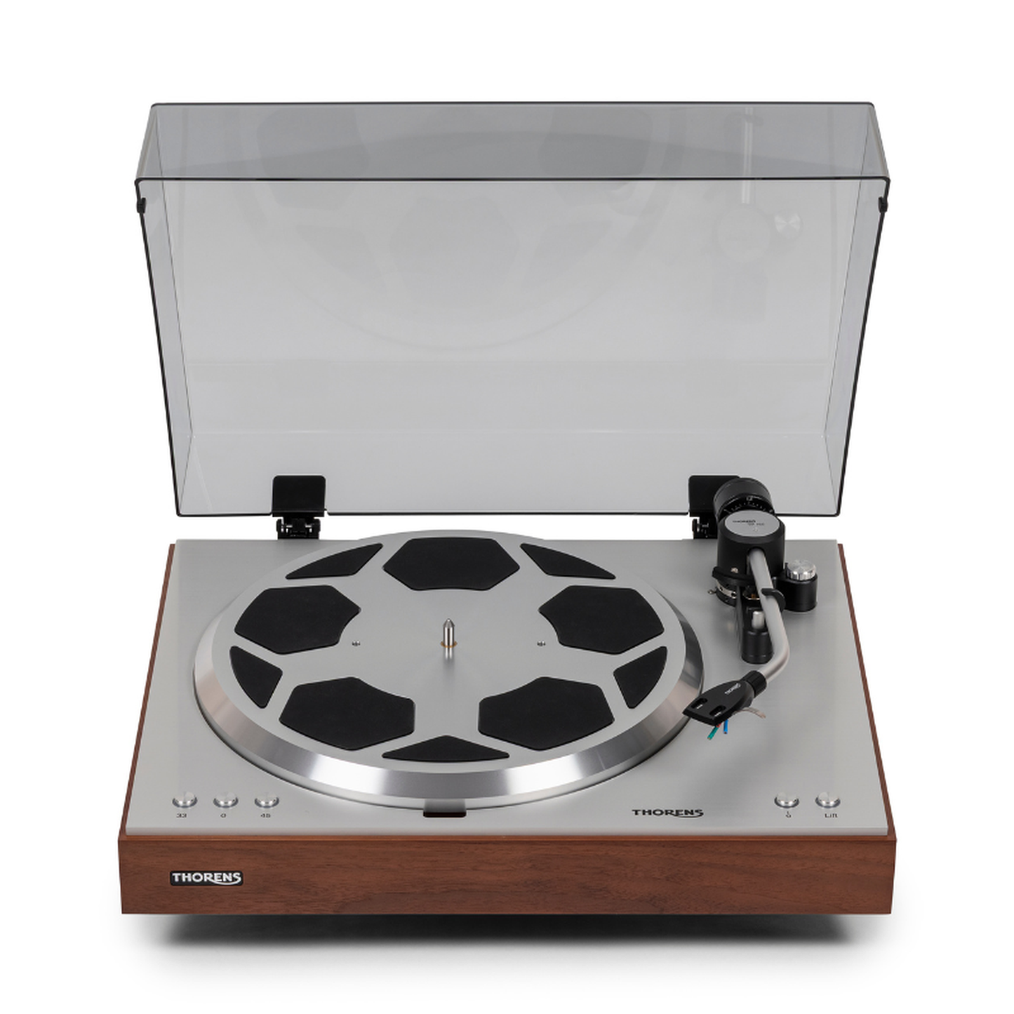 Thorens TD 404 DD Plattenspieler Eiche Matt Frontansicht mit geöffneter Staubschutzhaube