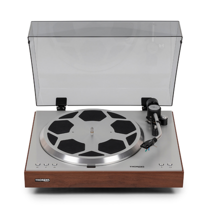 Thorens TD 404 DD Plattenspieler Eiche Matt Frontansicht mit geöffneter Staubschutzhaube