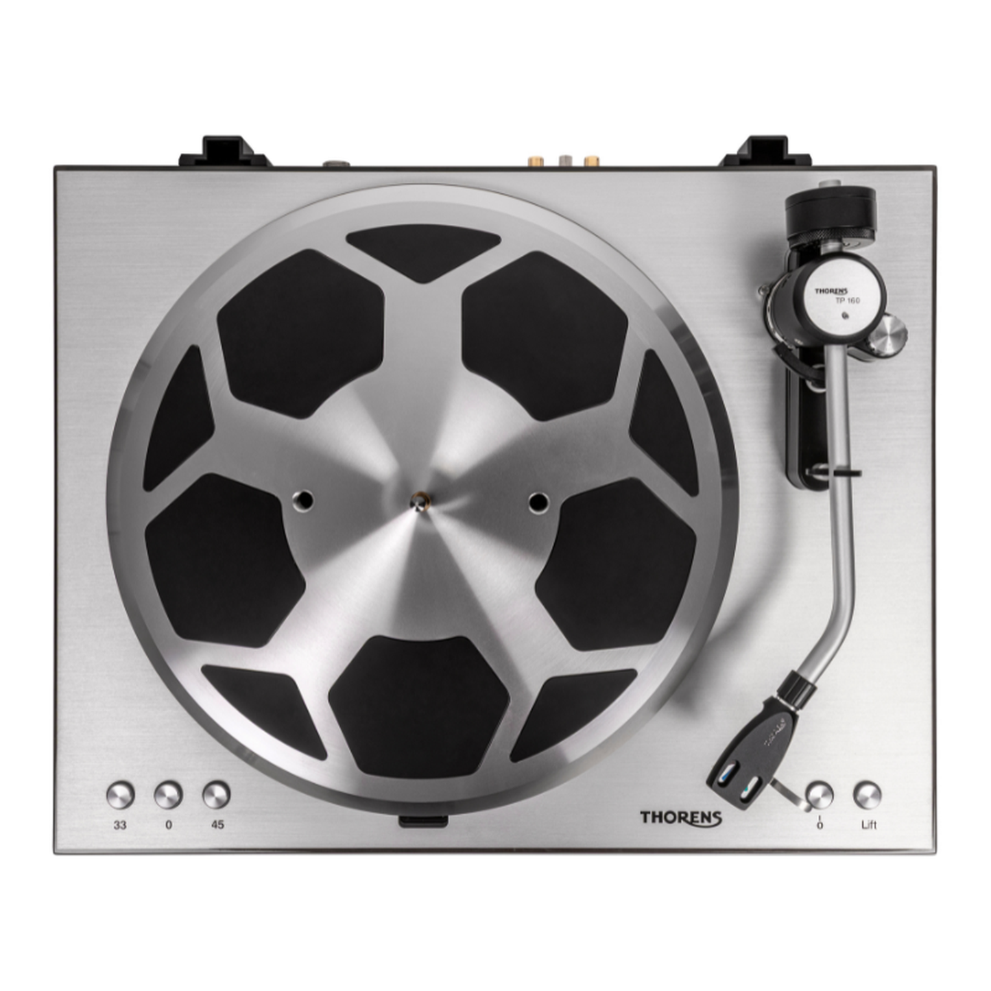 Thorens TD 404 DD Plattenspieler Nussbaum Hochglanz Draufsicht mit Plattenteller und Tonarm TP 160