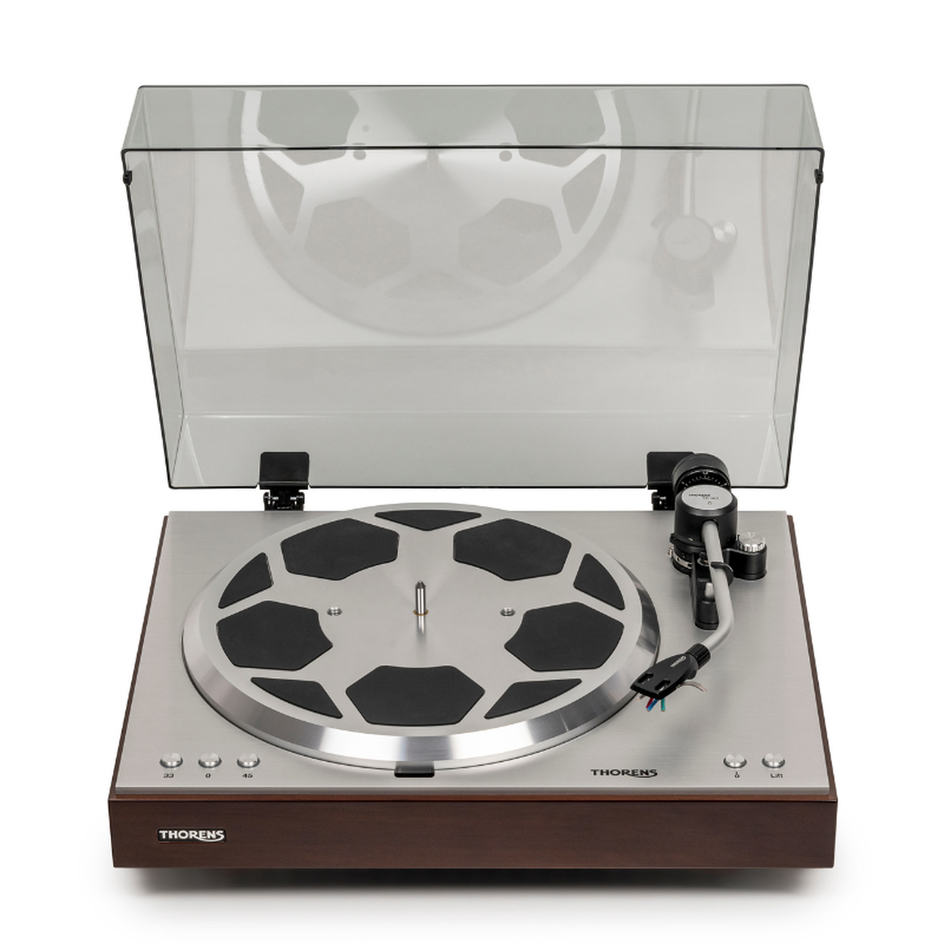 Thorens TD 404 DD Plattenspieler Nussbaum Hochglanz Frontansicht mit geöffneter Staubschutzhaube