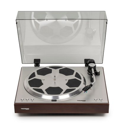 Thorens TD 404 DD Plattenspieler Nussbaum Hochglanz Frontansicht mit geöffneter Staubschutzhaube