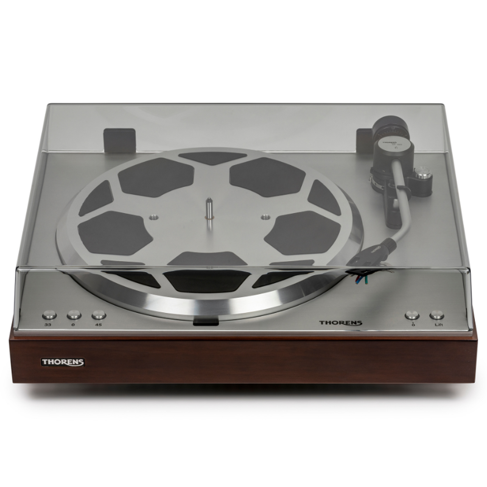 Thorens TD 404 DD Plattenspieler Nussbaum Hochglanz Frontansicht mit geschlossener Staubschutzhaube