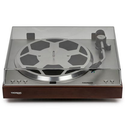 Thorens TD 404 DD Plattenspieler Nussbaum Hochglanz Frontansicht mit geschlossener Staubschutzhaube