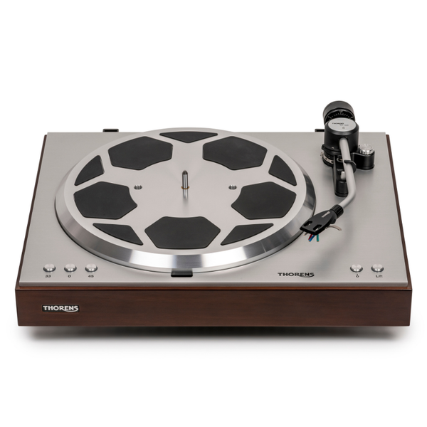 Thorens TD 404 DD Plattenspieler Nussbaum Hochglanz Frontansicht ohne Staubschutzhaube
