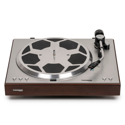 Thorens TD 404 DD Plattenspieler Nussbaum Hochglanz Frontansicht ohne Staubschutzhaube