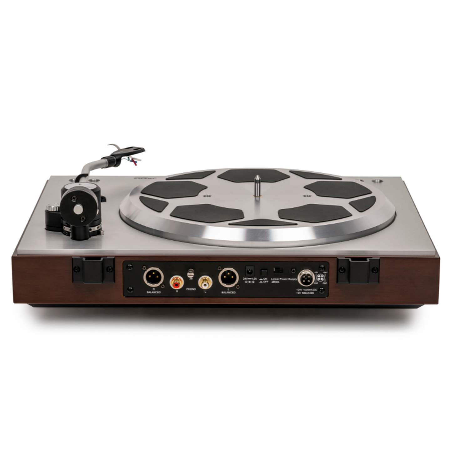 Thorens TD 404 DD Plattenspieler Nussbaum Hochglanz Rückansicht mit XLR- und Cinch-Ausgängen und DC-Eingang