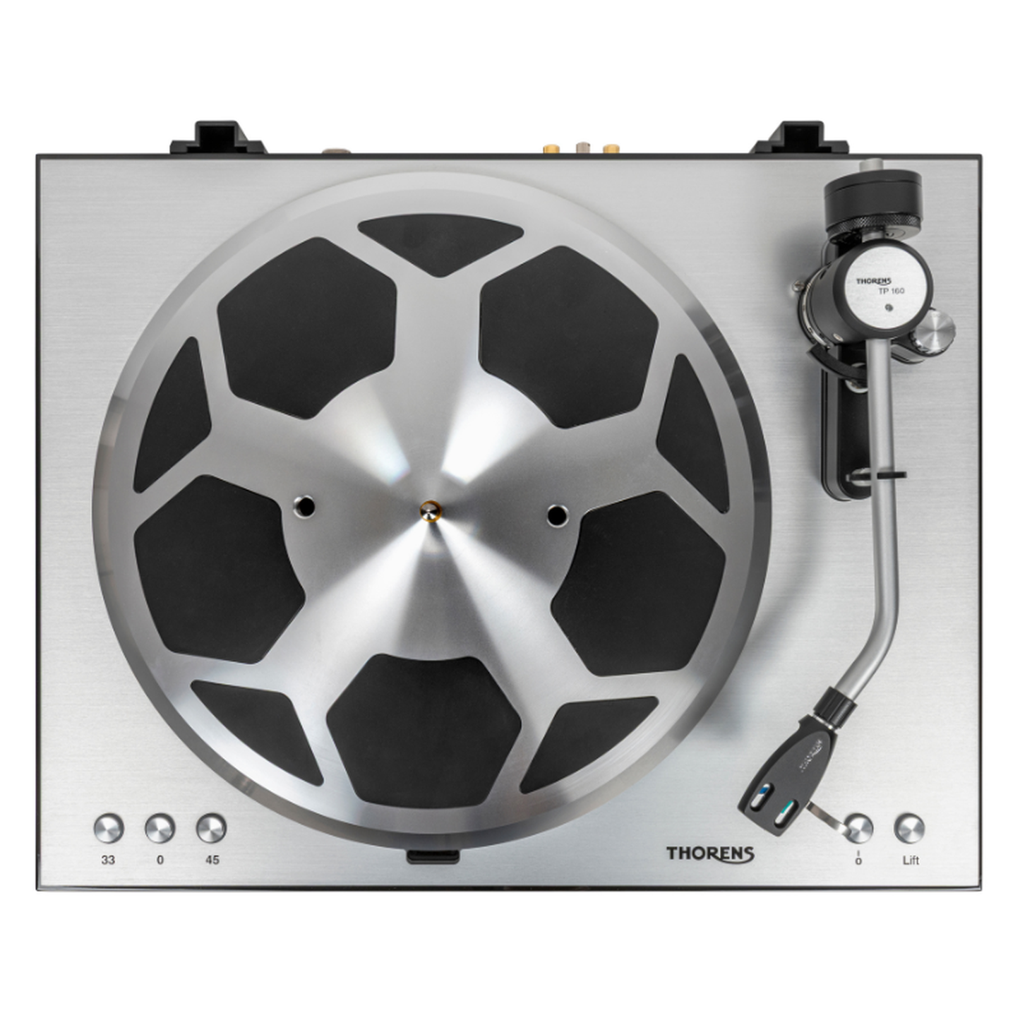 Thorens TD 404 DD Plattenspieler Schwarz Hochglanz Draufsicht mit Plattenteller und Tonarm TP 160