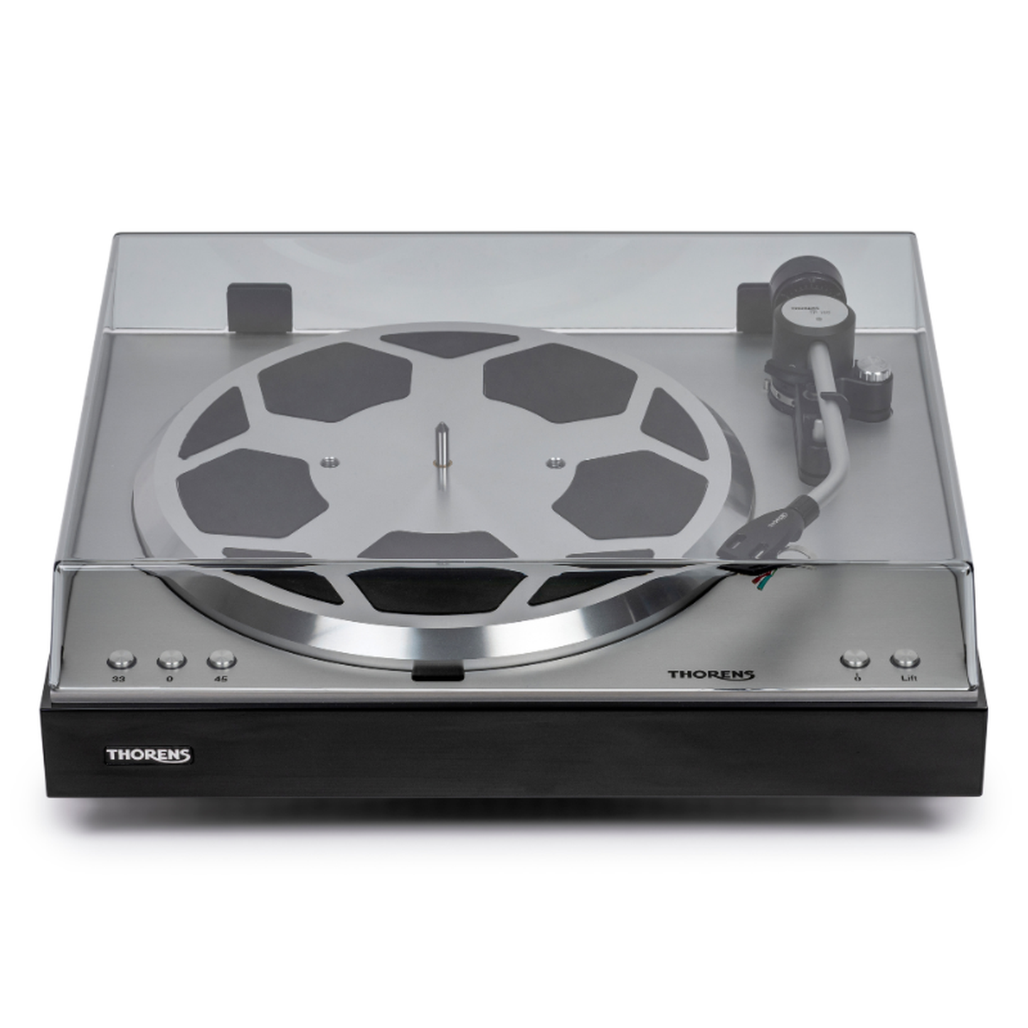 Thorens TD 404 DD Plattenspieler Schwarz Hochglanz Frontansicht mit geschlossener Staubschutzhaube