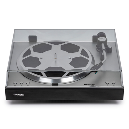 Thorens TD 404 DD Plattenspieler Schwarz Hochglanz Frontansicht mit geschlossener Staubschutzhaube