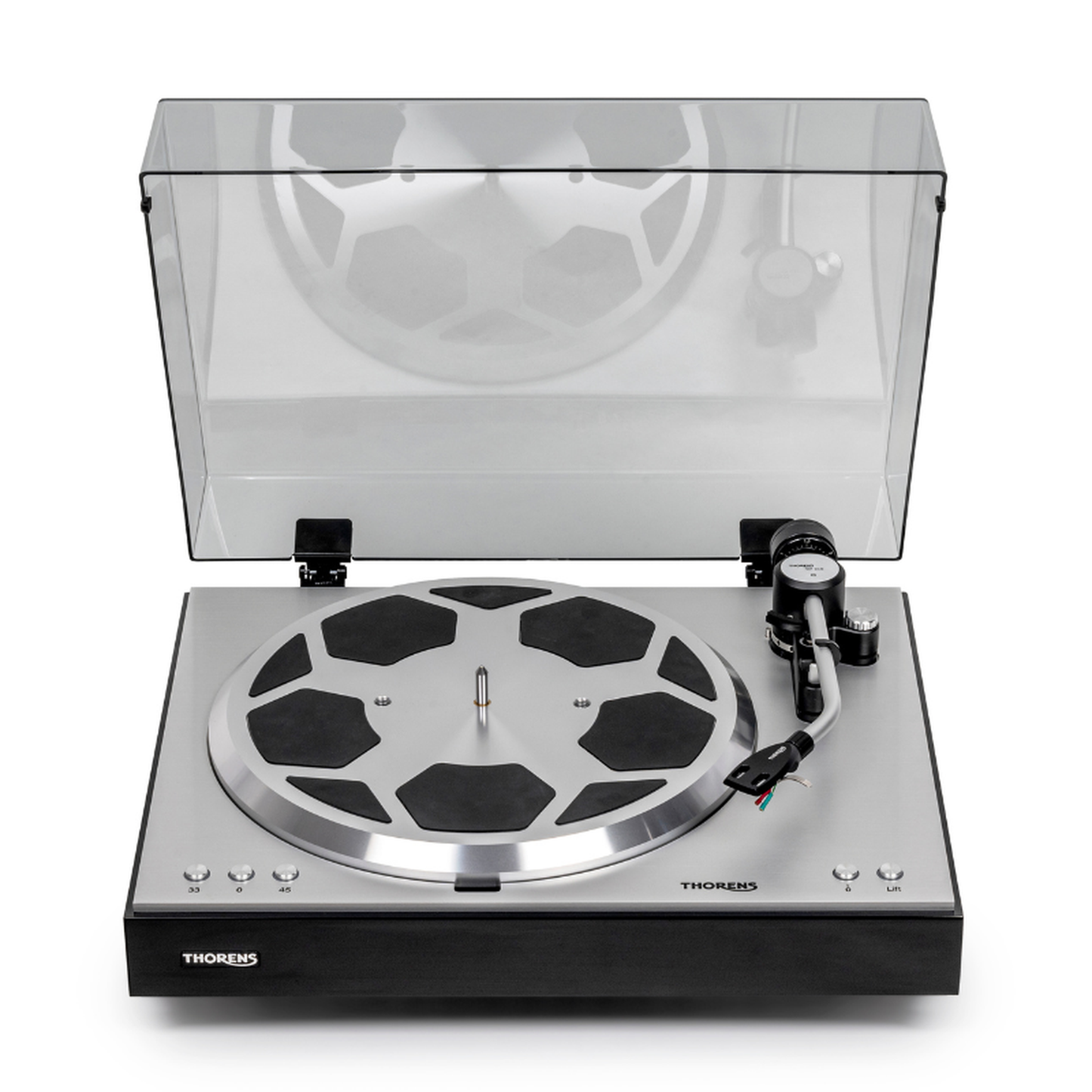 Thorens TD 404 DD Plattenspieler Schwarz Hochglanz Frontansicht mit geöffneter Staubschutzhaube