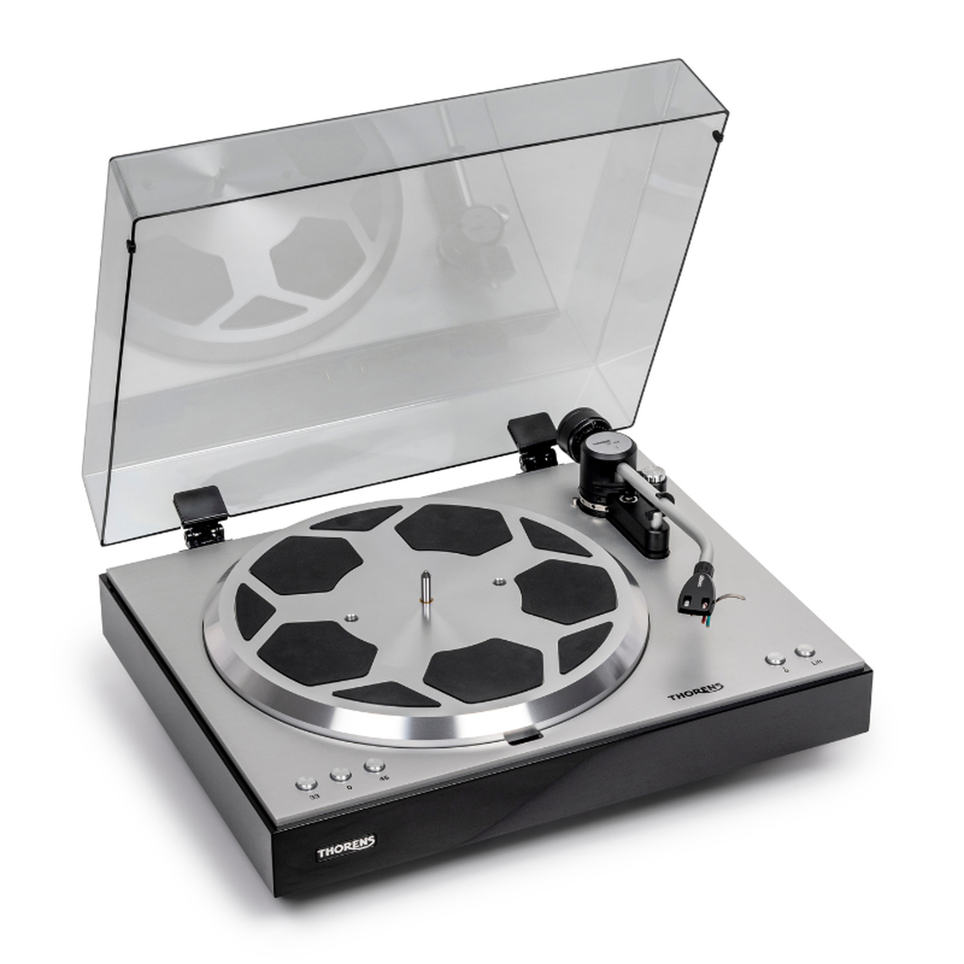 Thorens TD 404 DD Plattenspieler Schwarz Hochglanz Frontansicht schräg von links mit geöffneter Staubschutzhaube