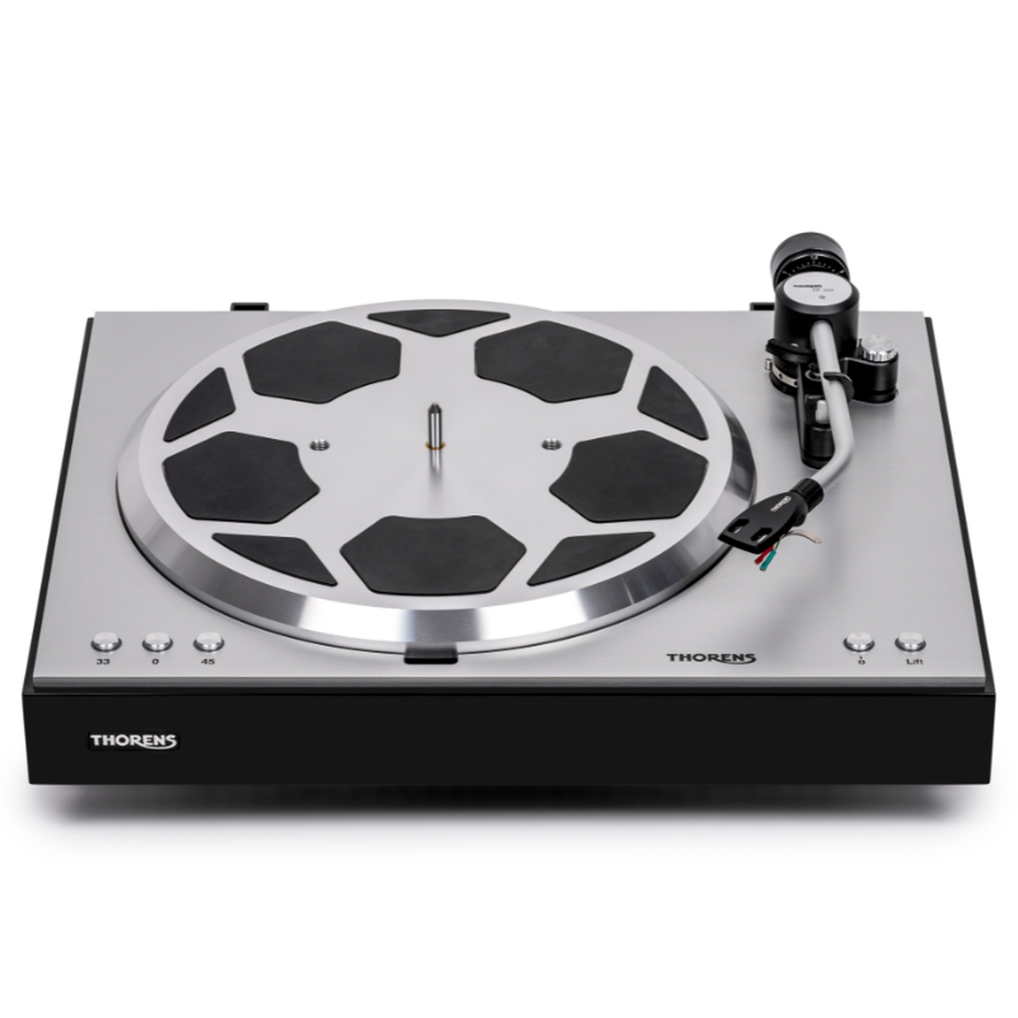 Thorens TD 404 DD Plattenspieler Schwarz Hochglanz Frontansicht ohne Staubschutzhaube