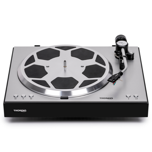 Thorens TD 404 DD Plattenspieler Schwarz Hochglanz Frontansicht ohne Staubschutzhaube