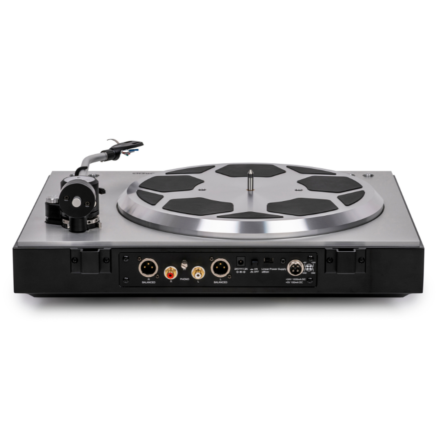 Thorens TD 404 DD Plattenspieler Schwarz Hochglanz Rückansicht mit XLR- und Cinch-Ausgängen und DC-Eingang
