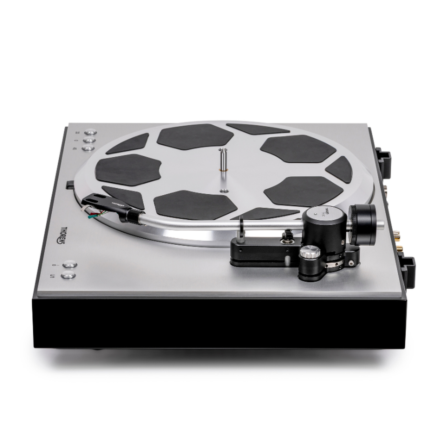 Thorens TD 404 DD Plattenspieler Schwarz Hochglanz Seitenansicht ohne Staubschutzhaube