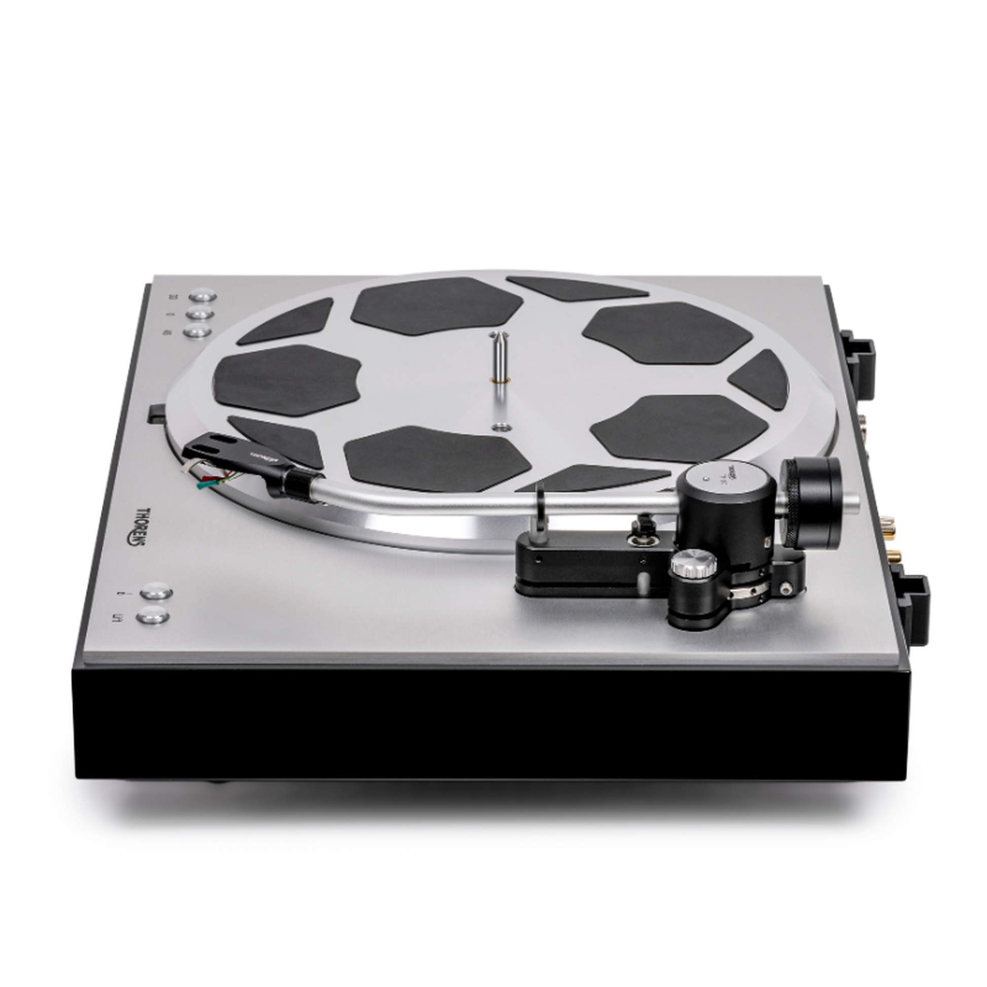 Thorens TD 404 DD Plattenspieler Schwarz Hochglanz Seitenansicht ohne Staubschutzhaube