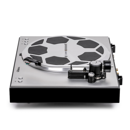 Thorens TD 404 DD Plattenspieler Schwarz Hochglanz Seitenansicht ohne Staubschutzhaube