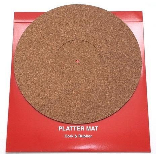 Thorens Teller-Matte Kork Braun Draufsicht, runde Korkmatte auf roter Verpackungskarte