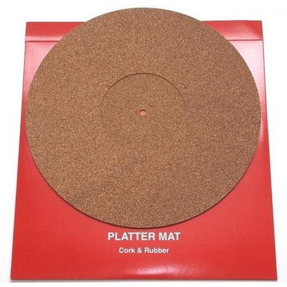 Thorens Teller-Matte Kork Braun Draufsicht, runde Korkmatte auf roter Verpackungskarte