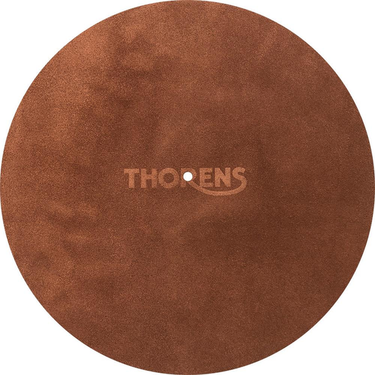 Thorens Teller-Matte Leder Braun Draufsicht, runde braune Ledermatte mit geprägtem THORENS-Logo