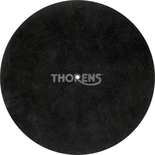 Thorens Teller-Matte Leder Schwarz Draufsicht, runde schwarze Matte mit THORENS-Logo in der Mitte