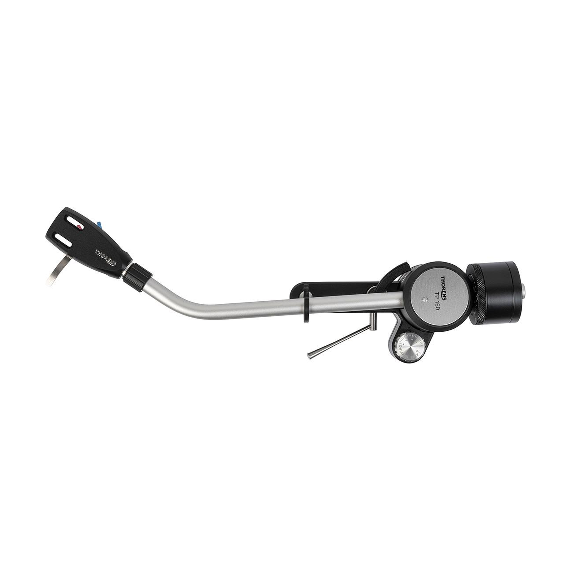 Thorens TP-160 9-Zoll-Tonarm Seitenansicht 2 im Profil mit Gegengewicht und beschriftetem Lagergehäuse