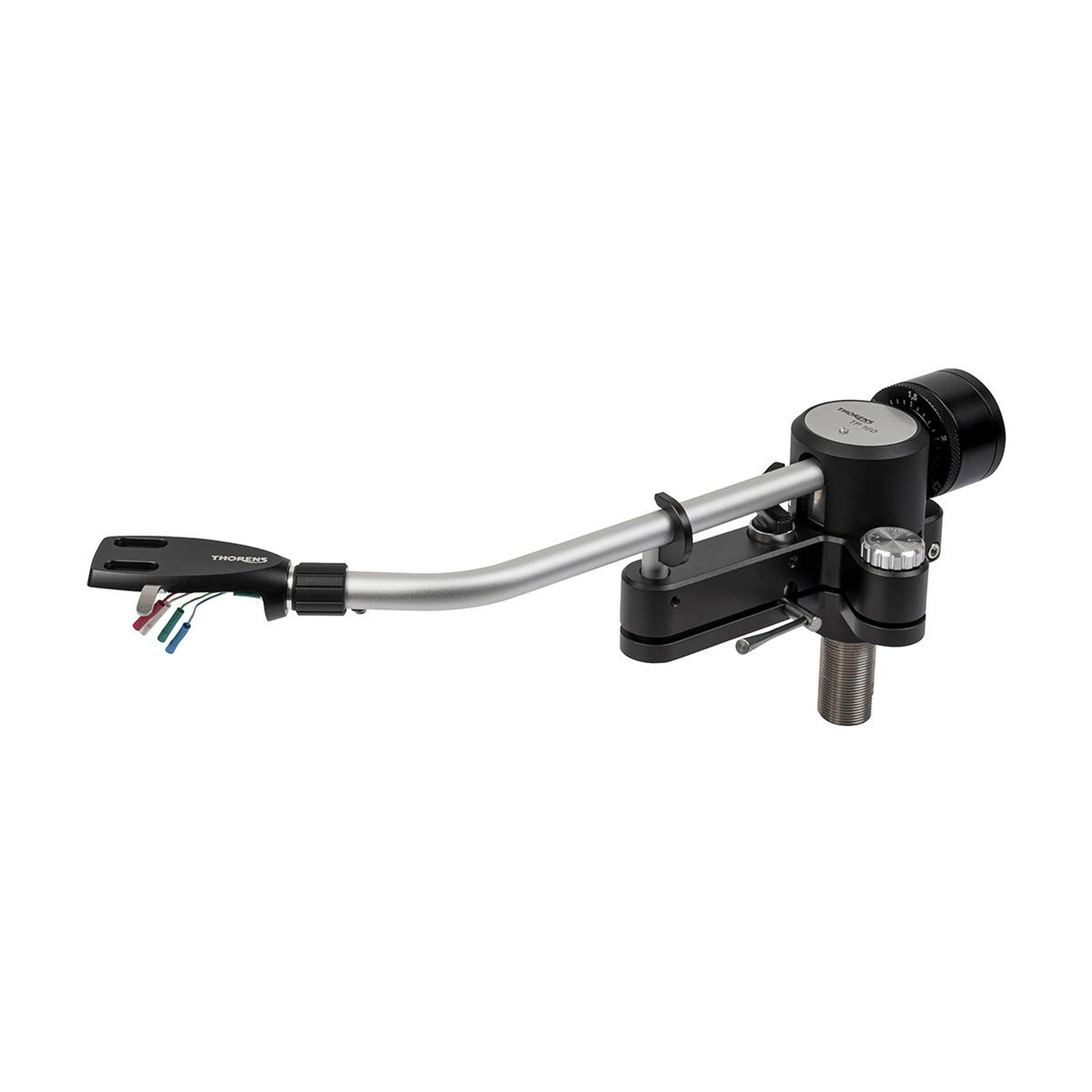 Thorens TP-160 9-Zoll-Tonarm Seitenansicht komplett mit Headshell, Lagerbasis und Anschlusslitzen