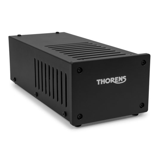 Thorens TPN 124 Externes Linear-Netzteil Schrägansicht mit belüftetem schwarzem Metallgehäuse