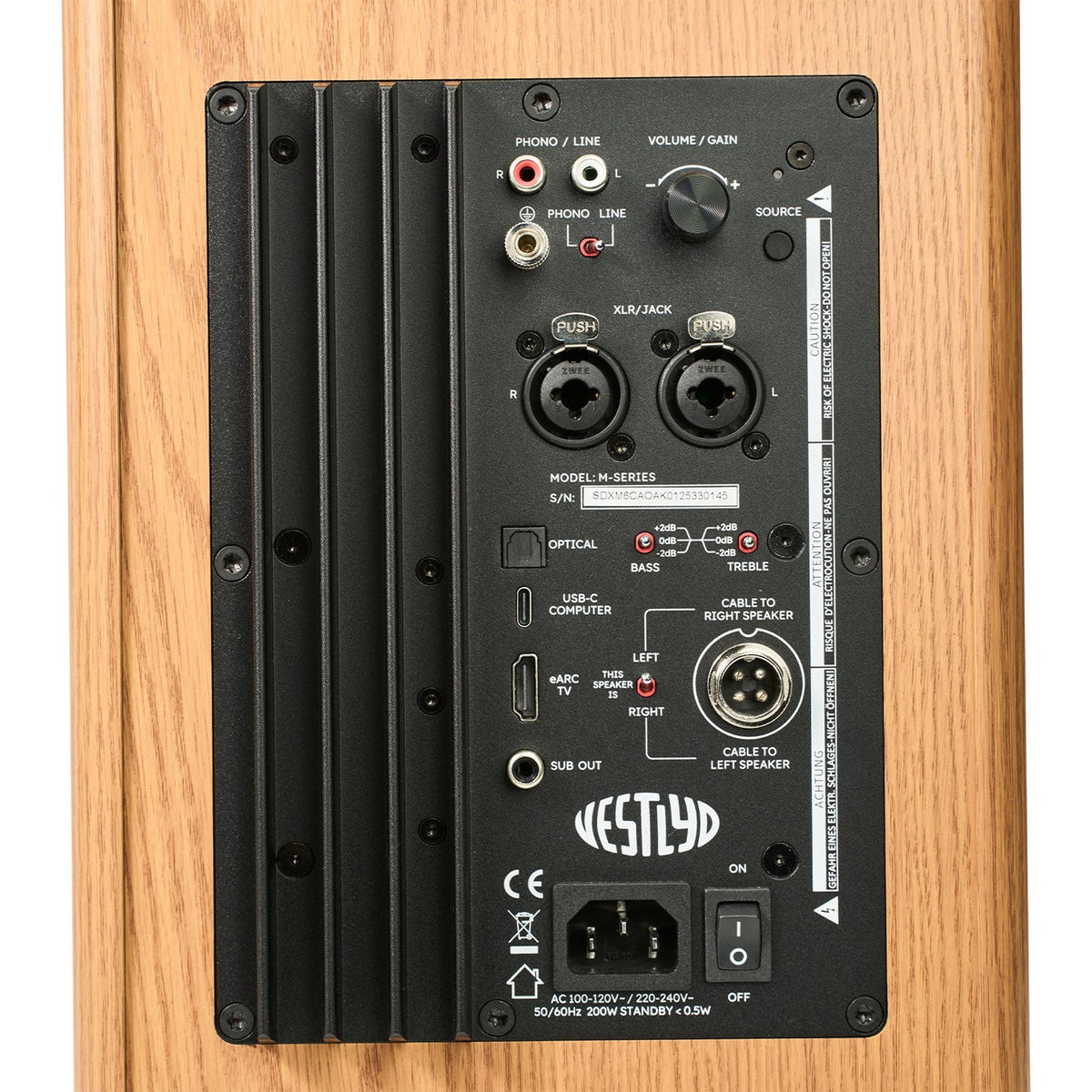 Vestlyd M6C Active Koax-Aktivlautsprecher Eiche Anschlussfeld mit XLR, Cinch, Phono, USB-C, HDMI ARC und optisch