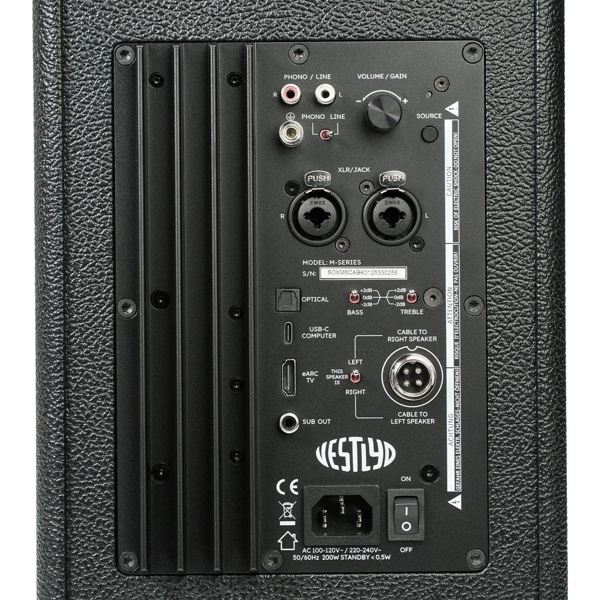 Vestlyd M6C Active Koax-Aktivlautsprecher Schwarz Anschlussfeld mit XLR, Cinch, Phono, USB-C, HDMI ARC und optisch