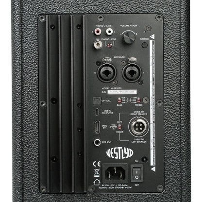 Vestlyd M6C Active Koax-Aktivlautsprecher Schwarz Anschlussfeld mit XLR, Cinch, Phono, USB-C, HDMI ARC und optisch