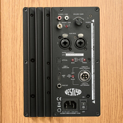 Vestlyd M8C Active Koax-Aktivlautsprecher Eiche Anschlussfeld mit XLR, Cinch, Phono, USB-C, HDMI ARC und optisch