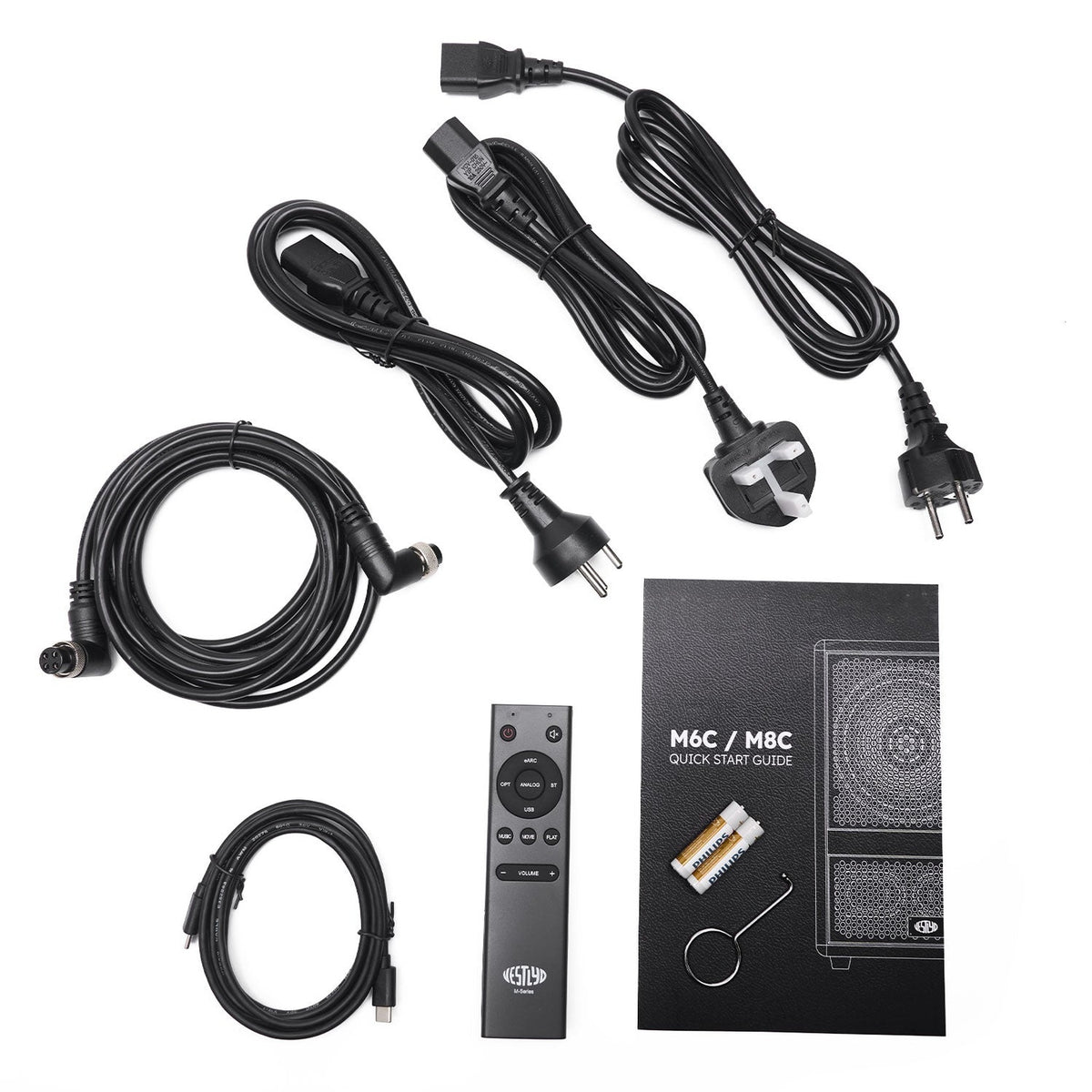 Vestlyd M8C Active Koax-Aktivlautsprecher Eiche Lieferumfang mit Netzkabeln, Fernbedienung, USB-Kabel und Anleitung