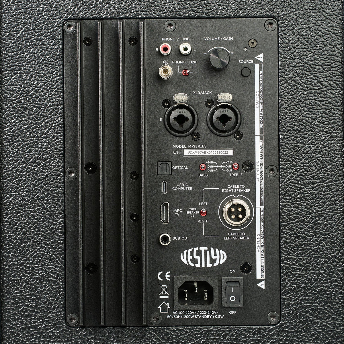 Vestlyd M8C Active Koax-Aktivlautsprecher Schwarz Anschlussfeld mit XLR, Cinch, Phono, USB-C, HDMI ARC und optisch