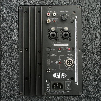 Vestlyd M8C Active Koax-Aktivlautsprecher Schwarz Anschlussfeld mit XLR, Cinch, Phono, USB-C, HDMI ARC und optisch