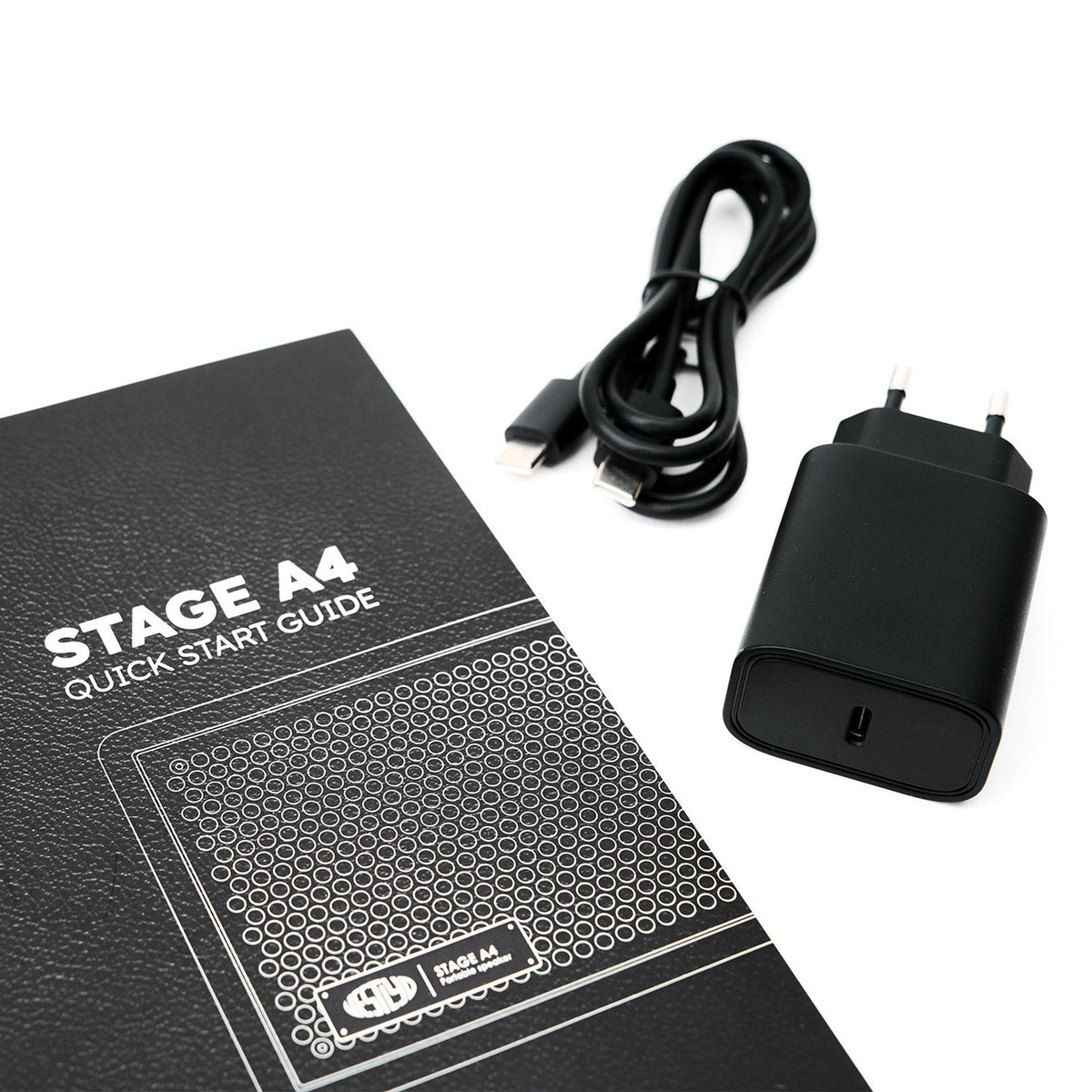 Vestlyd Stage A4 Bluetooth-Lautsprecher Schwarz Lieferumfang mit USB-C Netzteil, Ladekabel und Kurzanleitung