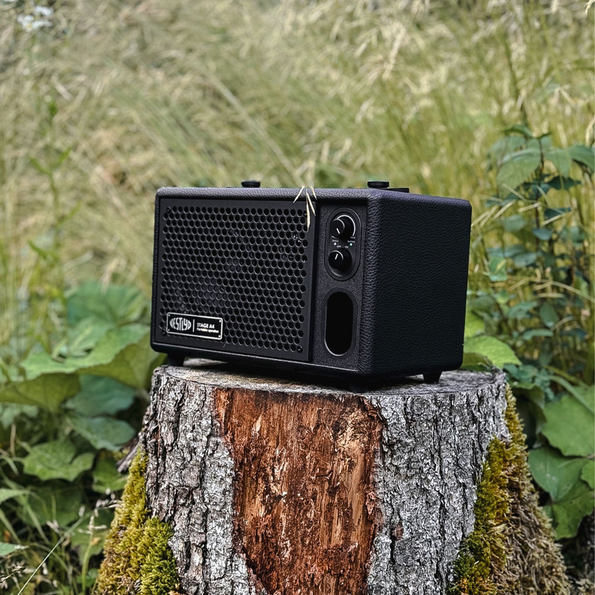 Vestlyd Stage A4 Bluetooth-Lautsprecher Schwarz Lifestyle im Freien auf einem Baumstumpf
