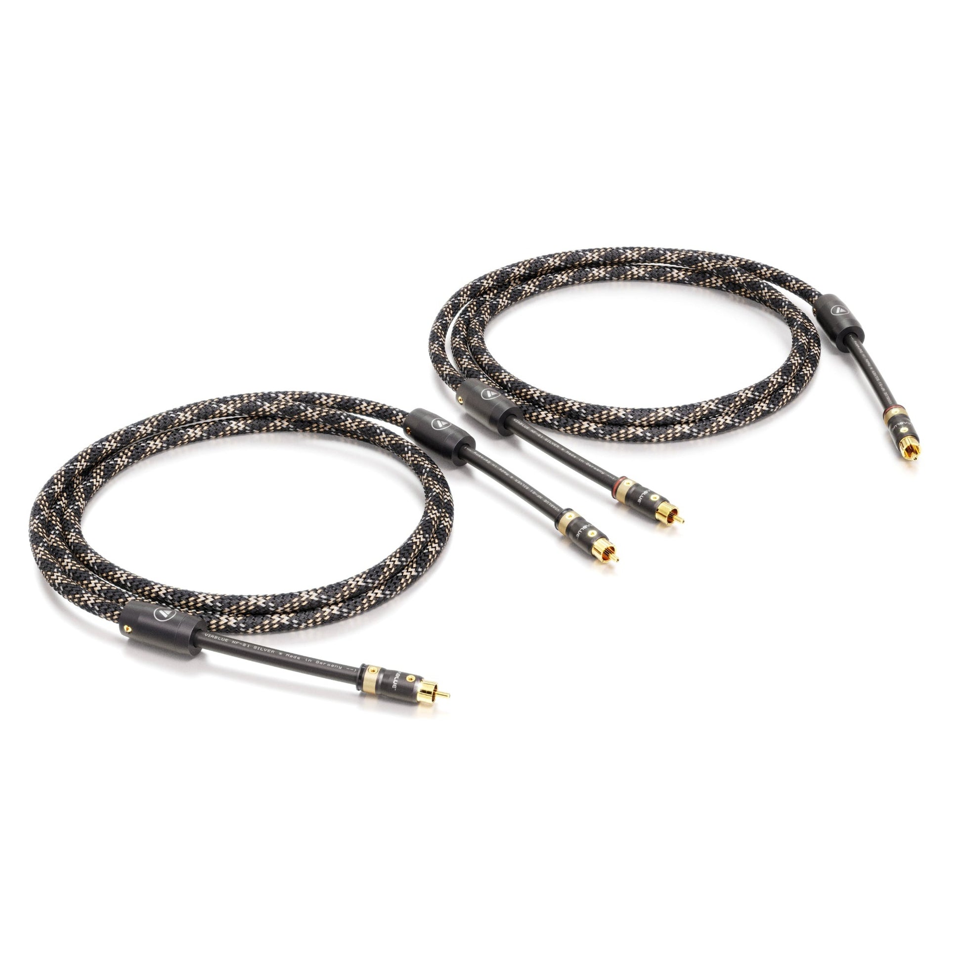 ViaBlue NF-S1 Cinch/RCA NF-Kabel Paar mit T8 Cinchsteckern, Geflechtschlauch Cobra, Quattro Silver Shield, Paaransicht