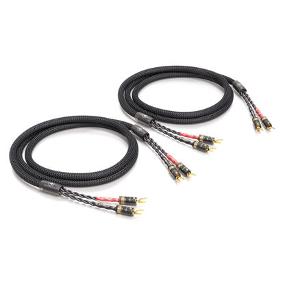 ViaBlue SC-4 Lautsprecherkabel Single-Wire-Paar mit T8 Bananensteckern, Geflechtschlauch Black, Paaransicht