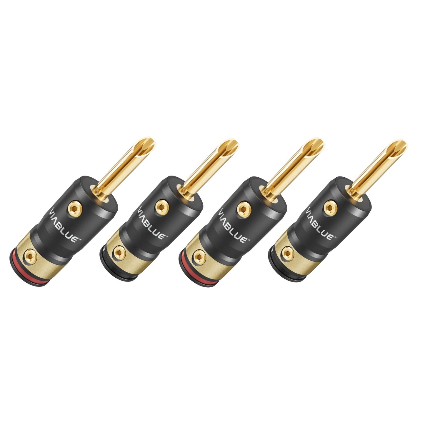 ViaBlue T8 Bananenstecker Set mit vier Steckern, 24 Karat vergoldet, roter Kennring, Lieferumfang
