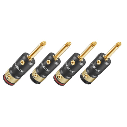 ViaBlue T8 Bananenstecker Set mit vier Steckern, 24 Karat vergoldet, roter Kennring, Lieferumfang